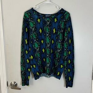 Equipment Femme Blue & Green Snake Print 100% Cashmere Sweater - Size M